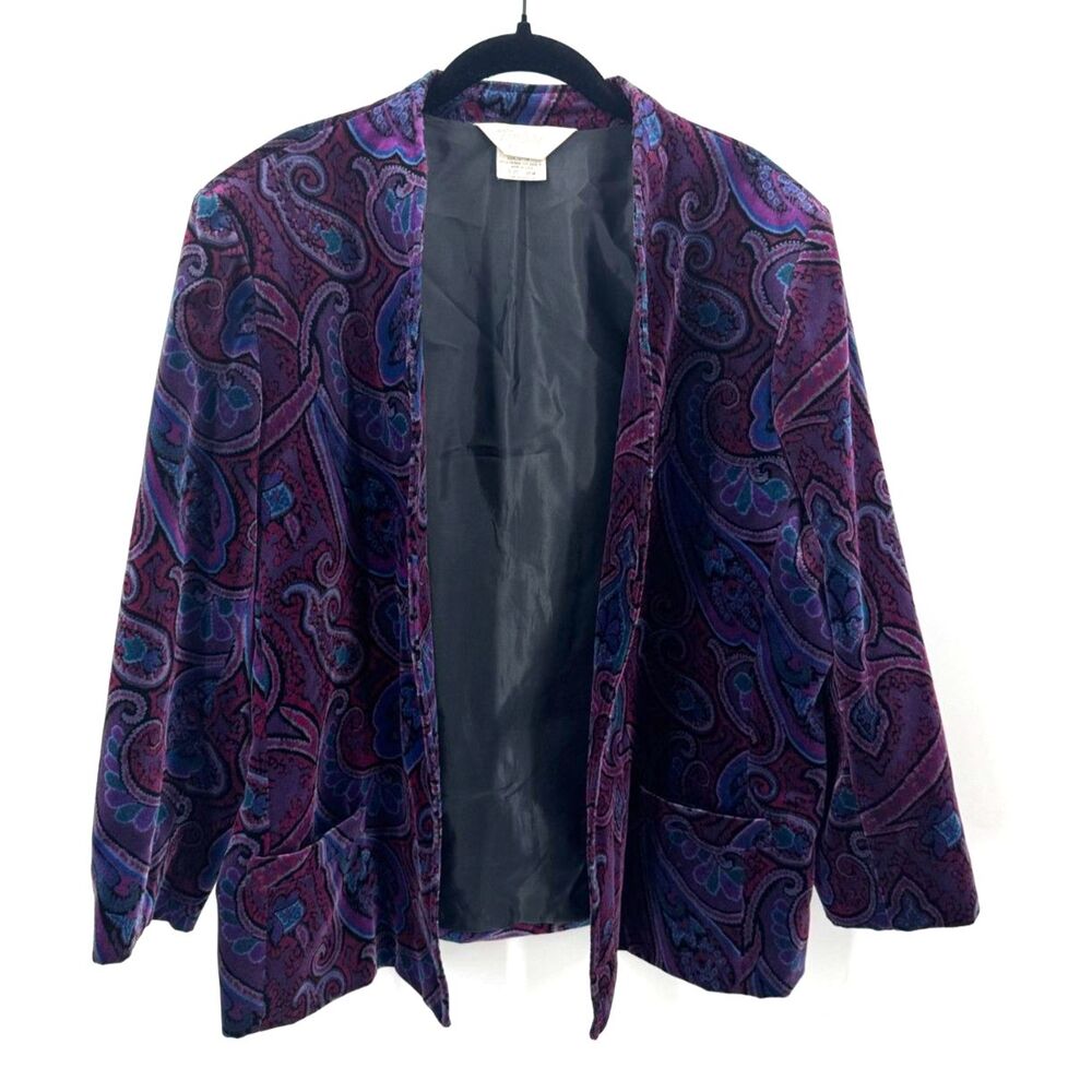 Tan Jay Vintage Womens 20W Paisley Blazer Purple Cotton Open Front USA Made